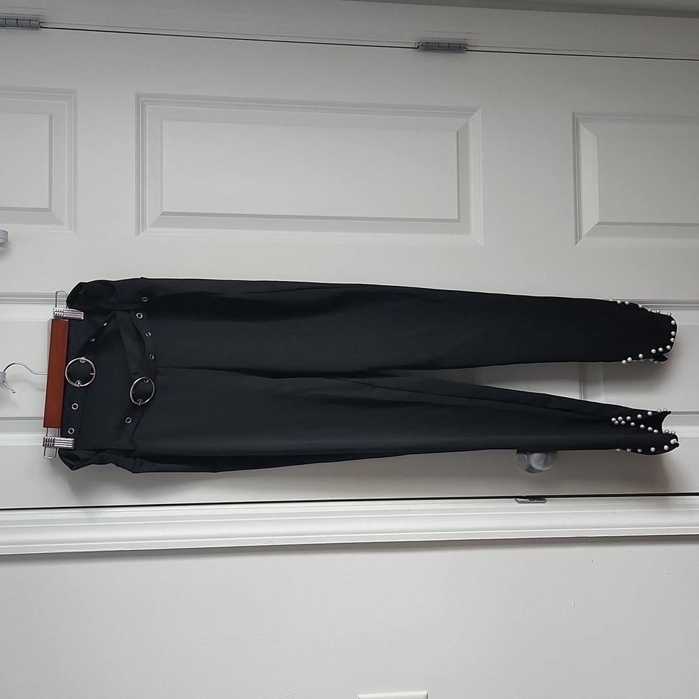 Slit Beaded Decor High Waist Eyelet Buckled Pants w/Belt